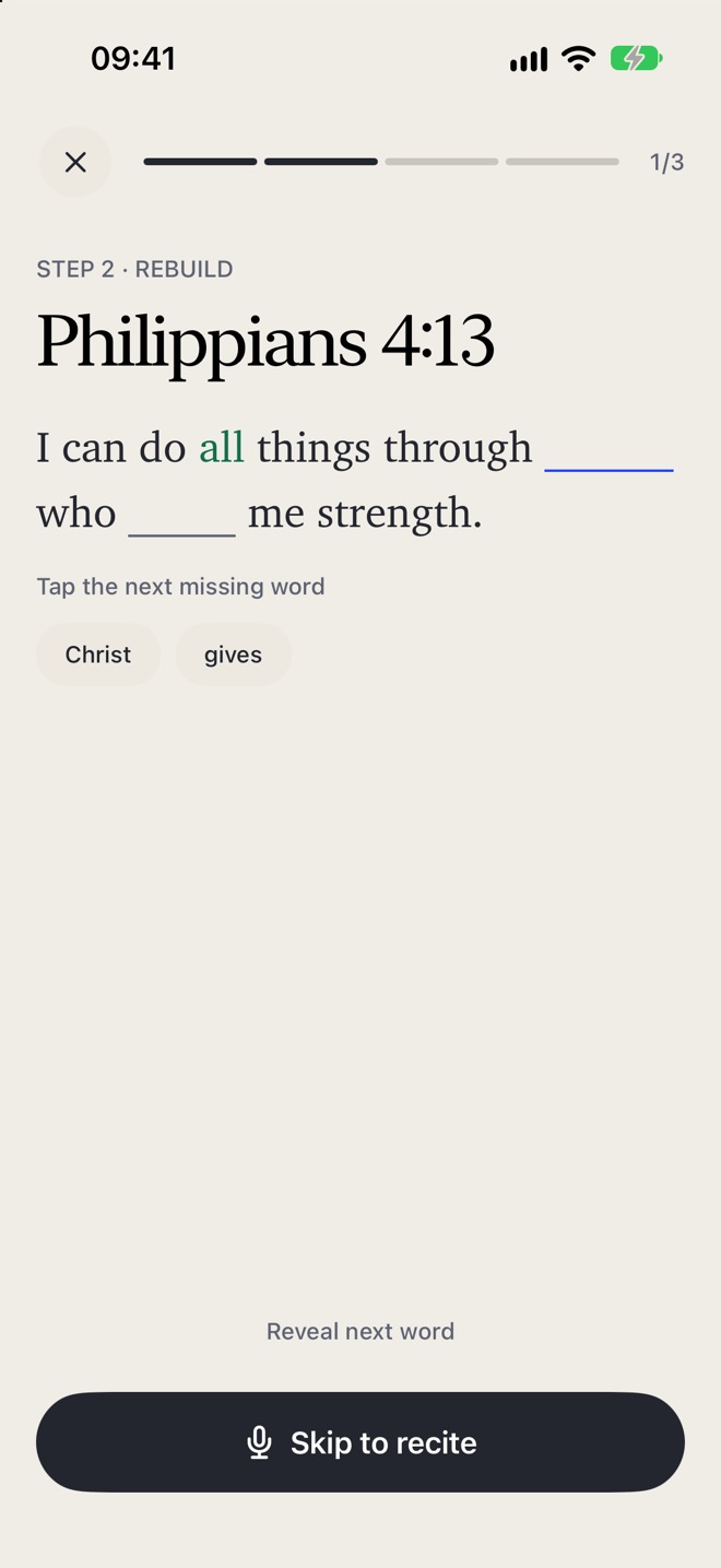 Step 2, Rebuild: the verse with blanks and word chips to tap.