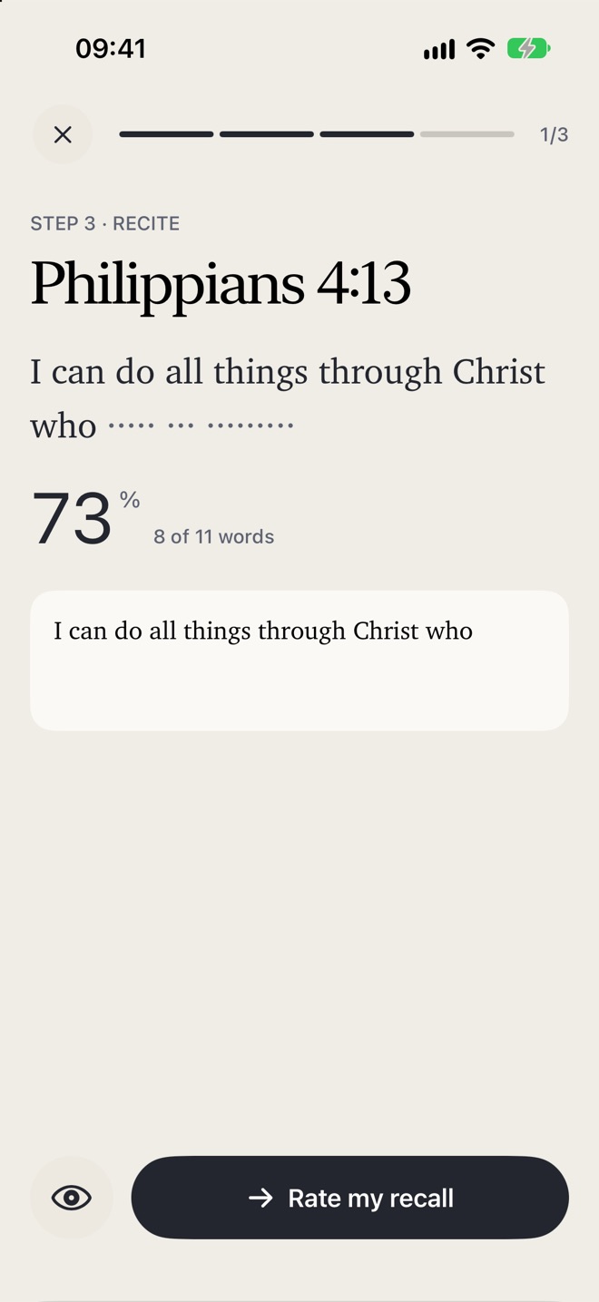 Step 3, Recite: 73 percent, 8 of 11 words remembered.